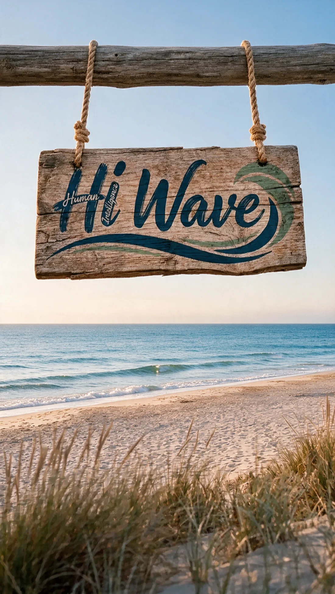 שלט עץ של Hi Wave תלוי מול הים